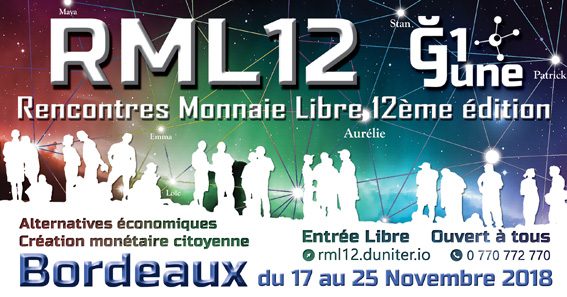Rendez-vous aux 12e Rencontres de la MONNAIE LIBRE à Bordeaux du 17 au 25 novembre, en partenariat avec les Colibris. J’y interviens le 23 novembre, pour parler de la Ğ1 (june) avec Stéphane Laborde